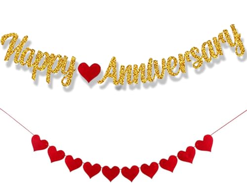 Happy Anniversary Banner, Red Heart Banner - Anniversary Decorations, Red and Gold