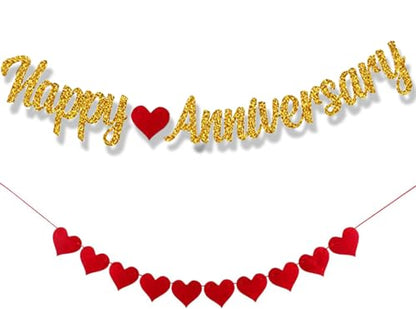 Happy Anniversary Banner, Red Heart Banner - Anniversary Decorations, Red and Gold