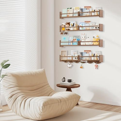 34Inch Nursery Book Shelves Wall Mounted, Floating Book Shelf for Kids Coat Rack with 6 Hooks, Wall Hanging Shelf for Baby Nursery Room Organizer ，Patent Number:US-D1058229-S(4, Light Brown) - color: Light Brown