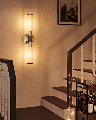 Rayogale Nickel & Walnut Wireless Battery Operated Wall Sconces with Remote - color: Nickel & Walnut(Clear Tubular Lampshade)