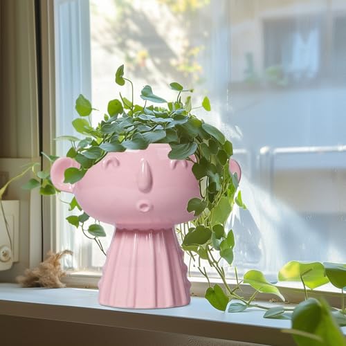 Face Pots for Plants - 7 Inch Ceramic Face Planters Pots Head for Indoor Outdoor, Small Funny Succulent Planters with Drainage Hole, House Room Apartment Decor, Gifts for Women, Bright Pink - color: Bright Pink-girl