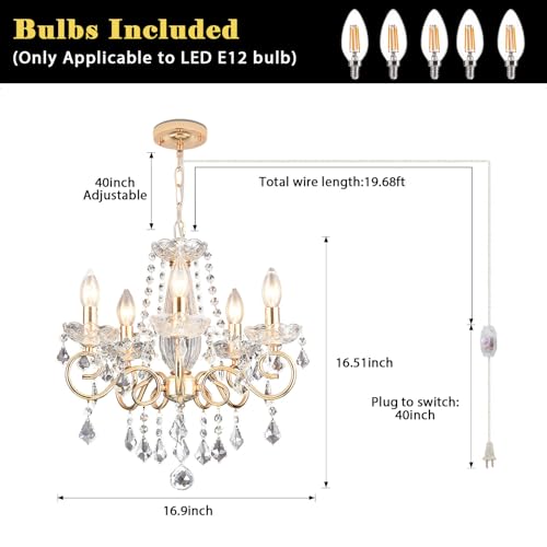HOXIYA (Bulbs Included) DIMMABLE Plug in Chandelier 5 Light with K9 Crystal - color: Champaign Gold