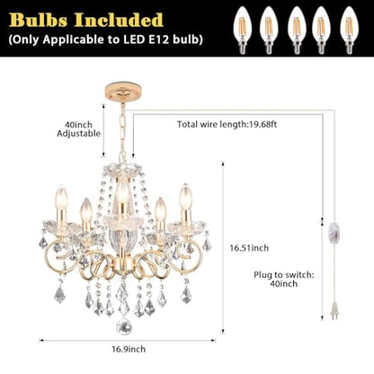 HOXIYA (Bulbs Included) DIMMABLE Plug in Chandelier 5 Light with K9 Crystal - color: Champaign Gold