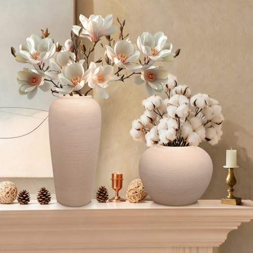 Ceramic Flower Vase Round Textured Vase,Farmhouse Vase(6" Tall, 7.7" Width) - size: 6 Inch-round-cream