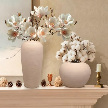 Ceramic Flower Vase Round Textured Vase,Farmhouse Vase(6" Tall, 7.7" Width) - size: 6 Inch-round-cream