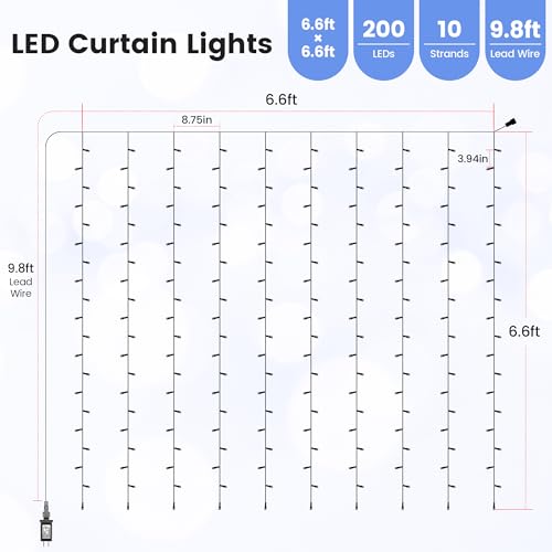 HEYFUNi 6.6FT x 6.6FT Cool White Curtain Lights Plug in, 200 LED - color: White, size: 6.6ft*6.6ft