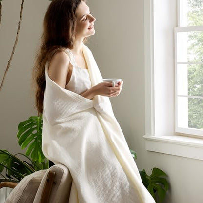 Bedsure 100% Cotton Blanket, Herringbone Weave, Twin-XL, Cream - color: 02 - Cream, size: Twin XL