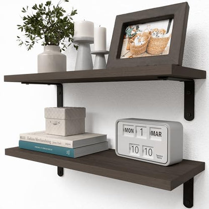 RICHER HOUSE Rustic Wood Floating Shelves, 2-Set Wall Mounted Shelves, 16In - color: Deep Brown