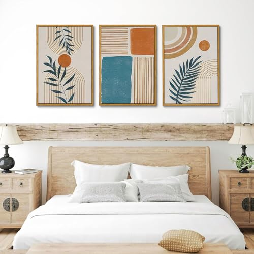Boho Abstract Botanical Framed Canvas Wall Art Set of 3, 16x24 inch - color: Boho Blue, size: 16"x24"Natural