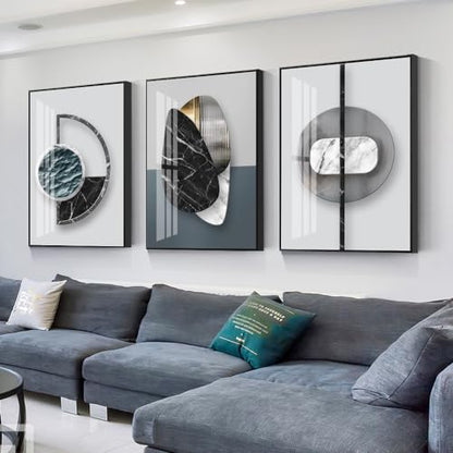 QKF 3Pcs Abstract Marble Geometric Crystal Surface Framed Canvas Wall Art - color: Black Ash, size: 16" X 24" X 3 pieces