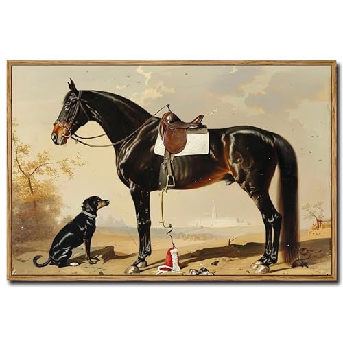 ARTZIO Vintage Large Framed Canvas Wall Art, Dog & Horse, 16"x24" - color: Dog and Horse, size: 16"L x 24"W