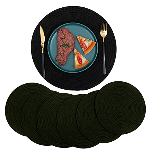 6 Pack Round Woven Placemats Set, 13.8'' Black Place Mats Cotton Pot Holders Wicker Tablemats Boho Braided Heat Resistant Mats, Woven Plate Chargers for Wedding Party Decoration - color: Black, size: Round Set of 6