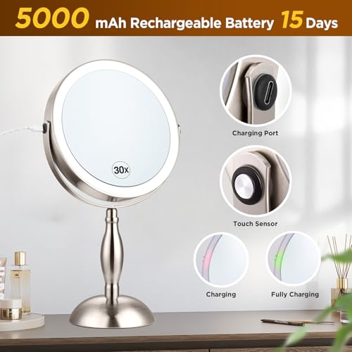 Makeup Mirror with Light - Brushed Nickel, 30x Makeup Mirror with 3 Colors - color: Brushed Nickel