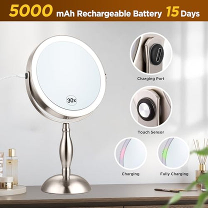Makeup Mirror with Light - Brushed Nickel, 30x Makeup Mirror with 3 Colors - color: Brushed Nickel