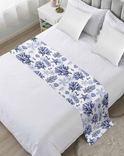 DecorLovee Navy Blue Coastal Bed Runners for King Size Bed, Beach Nautical Bed Throws for Foot of Bed, Ocean Coral Starfish Bed Runner Sofa Throw Bedding Scarf Protector Slipcover for Bedroom - color: Navy Blue Coastal, size: 94"x20" for King Bed