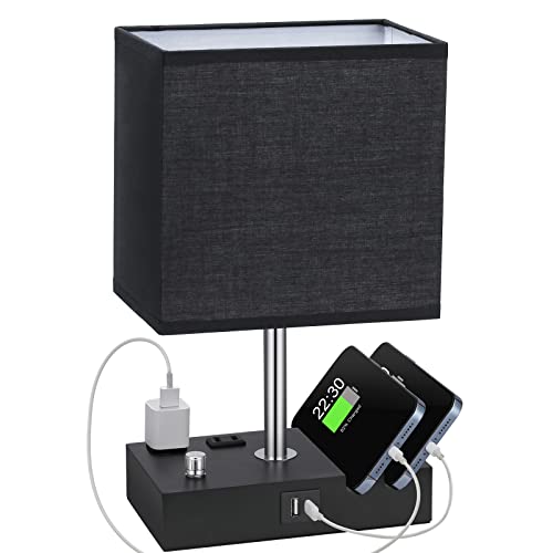 Black Table Lamp for Bedroom - Stepless Dimmable, USB C+A, 2 AC Outlets - color: Black with Knob Switch, size: 1 Pack