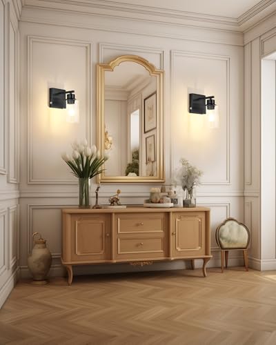 Wireless Battery Operated Wall Sconce Set of Two with Remote Control | Black Dimmable Rechargeable Wall Lights with Timer, Easy Install Clear Glass Lamp for Living Room Bedroom, Emergency 3000K - color: Black(Clear Lampshades)