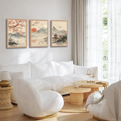 Japanese Sakura Wall Art Set of 3, Mountain Landscape Canvas Prints - color: CherryBlossomMountain, size: 16x24 Inches