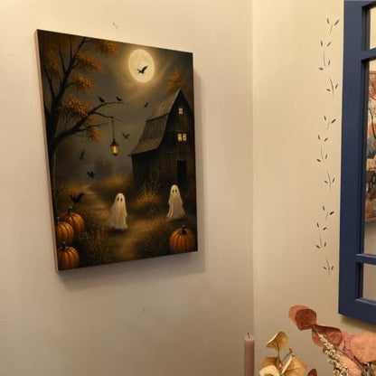 Halloween Wall Art Canvas Print Framed, Ghosts Pumpkins Barn Poster - color: T