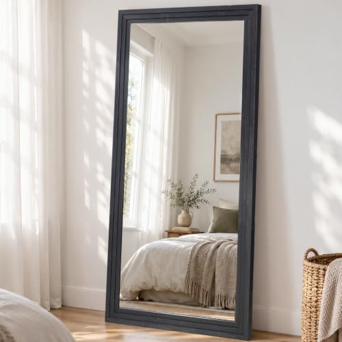 81x41in Full Length Mirror, 3-Tier Stepped Solid Wood Frame, Black - color: Black, size: 81"L x 41"W