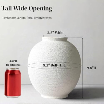 White Ceramic Vase, 9.8" Large, Round, Sandstone White - color: White-9.8", size: 9.8"-Oval