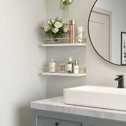 RICHER HOUSE Floating Shelves Bathroom, Small Wall Shelf Over Toilet 2 Set - color: White & Gold