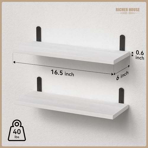 RICHER HOUSE Rustic Wood Floating Shelves, 2-Set Wall Mounted Shelves, 16In - color: White