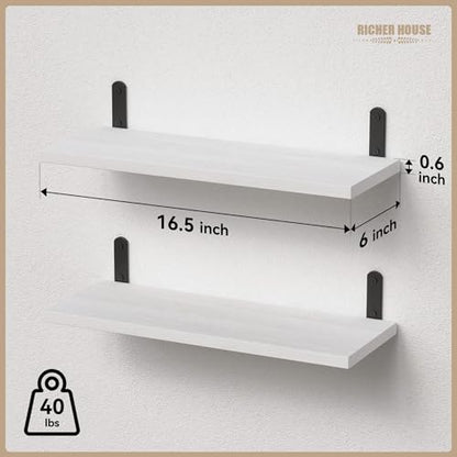 RICHER HOUSE Rustic Wood Floating Shelves, 2-Set Wall Mounted Shelves, 16In - color: White