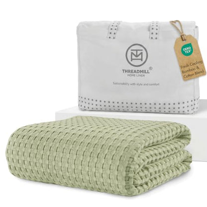 Threadmill Queen Waffle Bed Blanket, Rayon Derived from Bamboo, Sage Green - color: Sage Green, size: Queen (90" x 92")