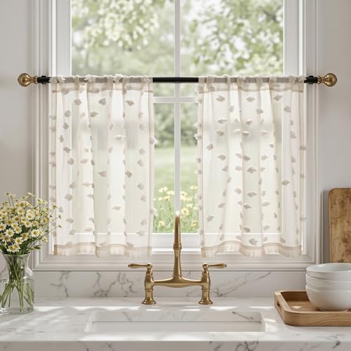 MYSKY HOME Beige Sheer Curtains 30 inch Length for Small Window,2 Panels - color: 1-wood Beige, size: 26"W x 30"L (Pack of 2)