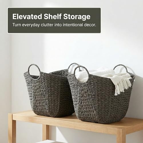Household Essentials Handwoven Paper Rope Storage Basket with Metal Frame and Handles, Gray - color: Grey Paper Rope