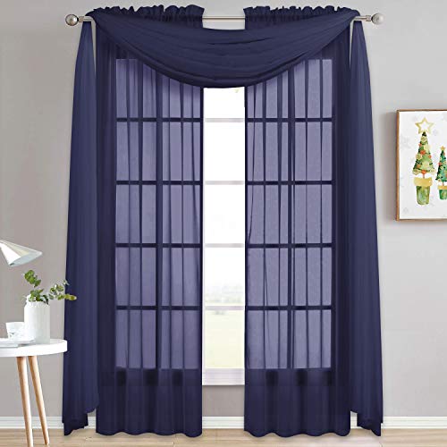 NICETOWN Dark Blue Sheer Window Scarves, Elegant Voile Sheer Window Dressings Sheer Curtains Multifunction for Kids Room/Party, 2 Panels, W60 x L216 - color: Dark Blue