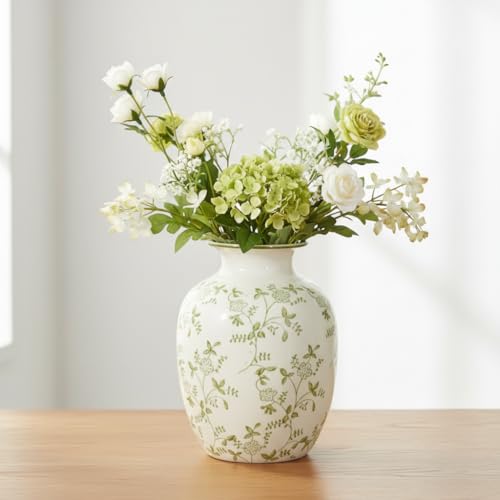 Green and Beige Ceramic Vase for Pampas Grass, 7 Inch Vintage Floral Vase for Eucalyptus, Botanical, Home Decor for Bathroom, Bedroom, Nightstand - color: Green and Beige