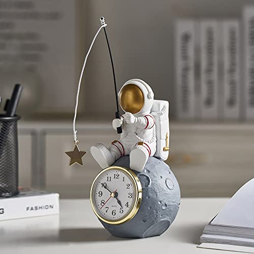 Astronaut Figure Clock for Desktop & Shelf, Battery Operated, Astronaut & Planet Figurine Statue for Office & Outer Space Themed Bedroom Decor, Decorative Small Table Clock, Fishing Star