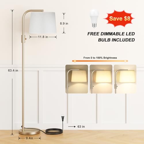Ambimall Fully Dimmable Floor Lamp with 9W LED Bulb, Standing Lamp for Living Room with Adjustable Head, Modern Tall Light with Rotary Switch for Office, Light Gold and Beige - color: K:Mocha Gold and Light Linen Beige