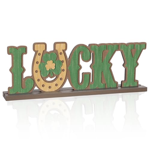 St Patricks Day Decorations Wooden Shamrock Decor, LUCKY Letter Sign, Farmhouse St Patricks Day Table Decor Centerpiece Standing Decor for Shelf Tabletop Fireplace Mantel Office Desk - color: Vintage