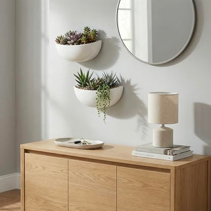 MyGift White Ceramic Wall Planters Half Bowl Hanging Vase Set of 2 - color: White