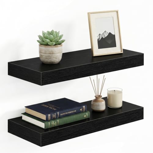 1.5" Thick Floating Shelves for Wall, 16"x6.5" Wall Mounted Shelf, Wall Storage Shelf,No Sag,Easy Install Wood Grain Shelf for Bedroom, Kitchen, Living Room & Hallway,Black,Pack of 2 - color: Black, size: 16"x 6.5"-Pack of 2