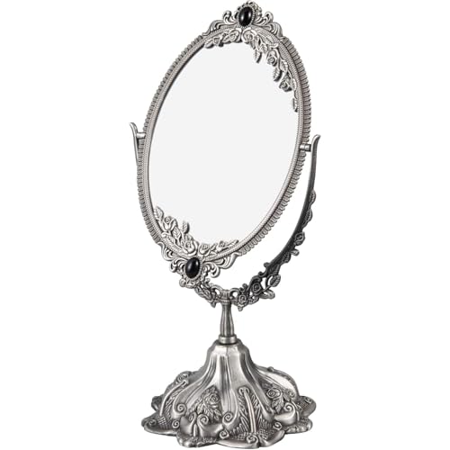 Guppy Small Metal Vintage Makeup Mirror, Floral Tabletop Oval Cosmetic Mirror, Vintage Swivel Double Sided Cosmetic Mirror, with Embossed Frame Base, Retro Mirror for Dressing Room Bedroom-Silver - color: Silver, size: 11.5"L x 5.1"W