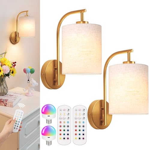 MATAMEYE Battery Operated Wall Sconce Set of 2, Gold Wall Light Fixture - color: Gold / Linen