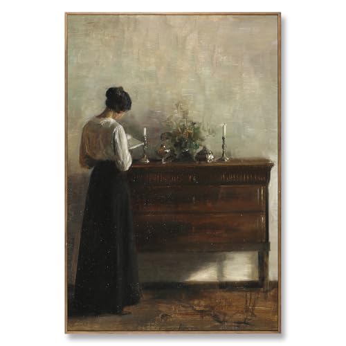 Framed Canvas Wall Art, Vintage Woman Reading Figurative Art, Classical European Oil Painting Style Prints, Farmhouse Wall Decor for Living Room Bedroom Bathroom, 36”L x 24”W - color: A Moment of Stillness, size: 36"L x 24"W