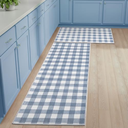Dunzy 2 Pcs Blue Gingham Kitchen Mats Cute Farmhouse Plaid Runners Non-Slip - color: Blue