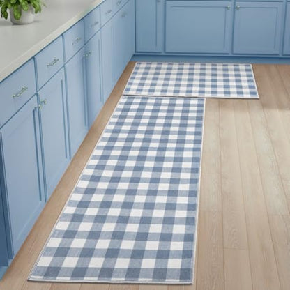 Dunzy 2 Pcs Blue Gingham Kitchen Mats Cute Farmhouse Plaid Runners Non-Slip - color: Blue