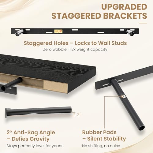 36 Inch Long Floating Shelves for Wall Set of 2, 12"D Wood Grain Shelves - color: Black, size: 36"Wx12"Dx2"H, 2P