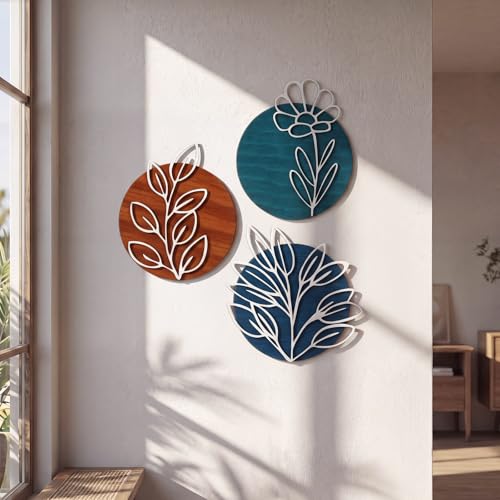Wenqik Set of 3 Teal Style 3D Wood Metal Wall Art, Geometric Leaf - style: Teal Style