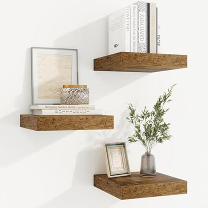 Floating Shelves for Wall, Wall Mounted Wood Shelves, Brown, Set of 3, 6.5” - color: Rustic Brown, size: 6.5"W x 6.5"D , 3 Pack