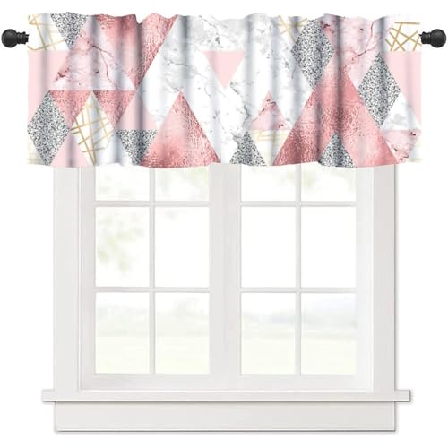 Pink Marble Valance, Abstract Geometric Gold Silver Glitter Lines Modern Luxury Triangles Print Blackout Window Valance for Kitchen Cafe Girls Bedroom, 54x18inch - color: Marble-20