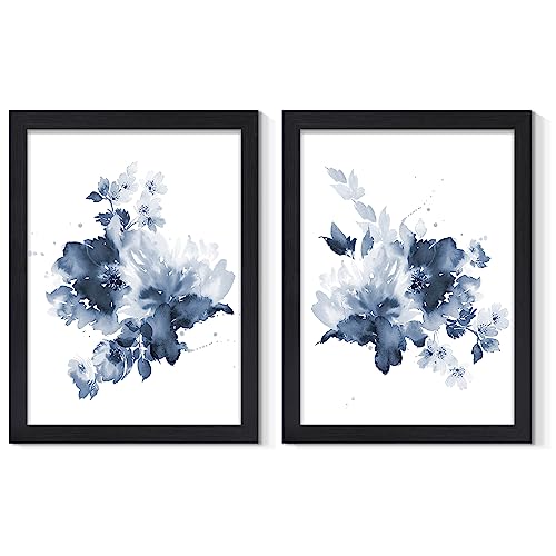 JOWOROLO Framed Blue Flower Wall Art Modern Abstract Floral Painting Wall Decor Watercolor Flowers Poster on Canvas Prints 2 Panels Botanical Artwork for Bedroom Bathroom Living Room 12x16inch - color: Abstract Flower Black Frame