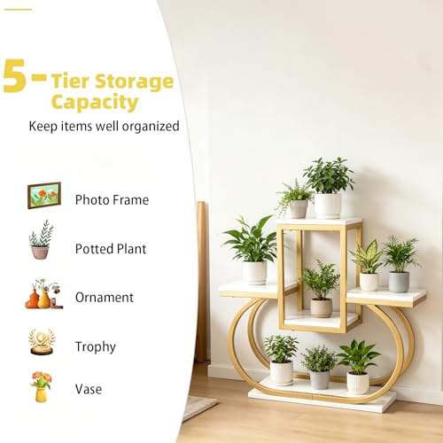 Corner Plant Stand Gold Indoor, Multi‑Tier Plant Shelf, Modern Flower Pot Holder with Marble‑Patterned Shelves for Living Room Bedroom Balcony Home Decoration Halloween Gifts