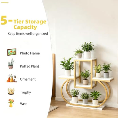 Corner Plant Stand Gold Indoor, Multi‑Tier Plant Shelf, Modern Flower Pot Holder with Marble‑Patterned Shelves for Living Room Bedroom Balcony Home Decoration Halloween Gifts